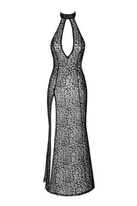 F288 Long leopard flock dress with front slit - 3XL-3